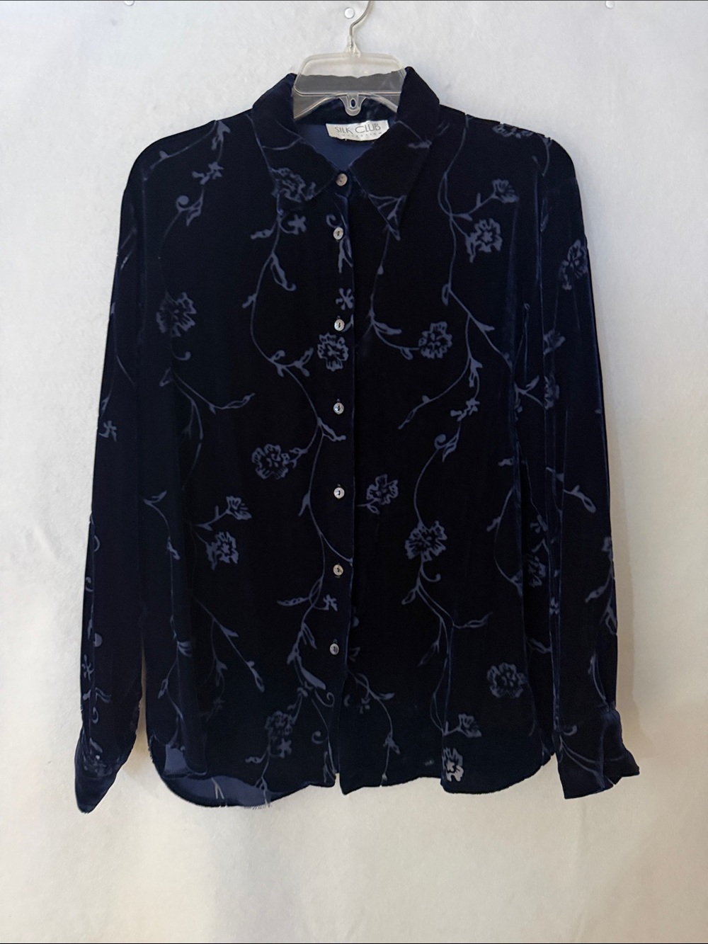 Vintage THE SILK CLUB Navy Floral Velvet burn out button Up Blouse WHIMSIGOTH